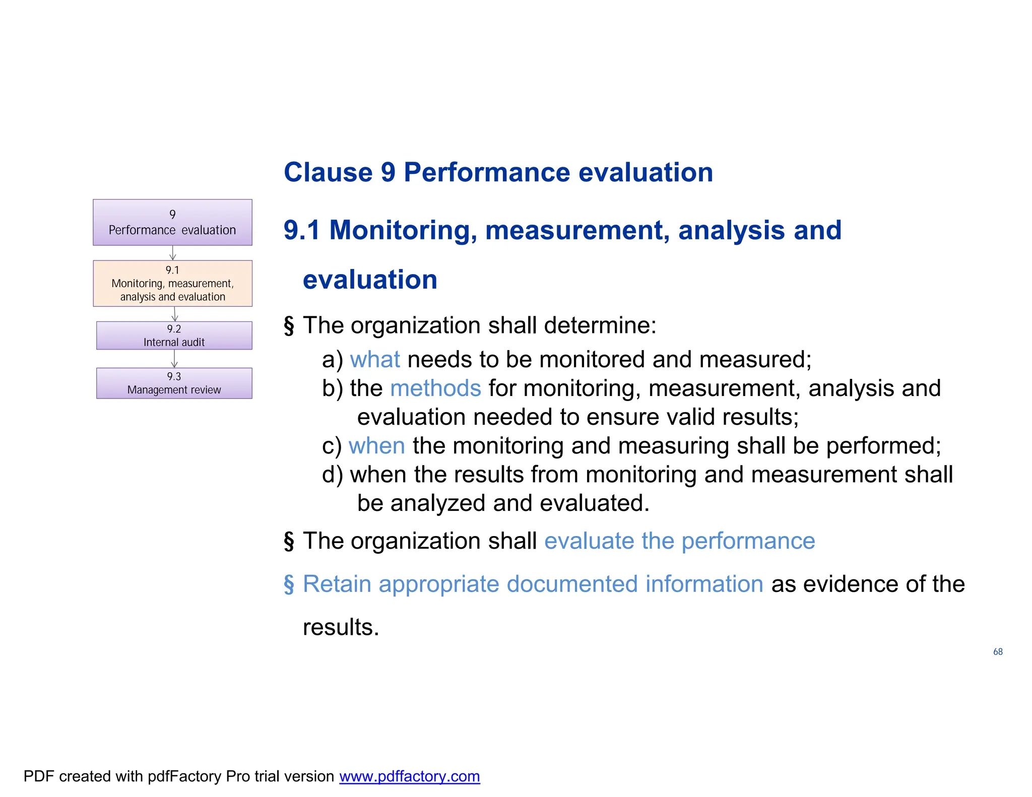 ISO/TC
176/SC
2/
N1267
68
Clause 9 Performance evaluation
9.1 Monitoring, measurement, analysis and
evaluation
§ The organization shall determine:
a) what needs to be monitored and measured;
b) the methods for monitoring, measurement, analysis and
evaluation needed to ensure valid results;
c) when the monitoring and measuring shall be performed;
d) when the results from monitoring and measurement shall
be analyzed and evaluated.
§ The organization shall evaluate the performance
§ Retain appropriate documented information as evidence of the
results.
9
Performance evaluation
9.2
Internal audit
9.3
Management review
9.1
Monitoring, measurement,
analysis and evaluation
PDF created with pdfFactory Pro trial version www.pdffactory.com
 