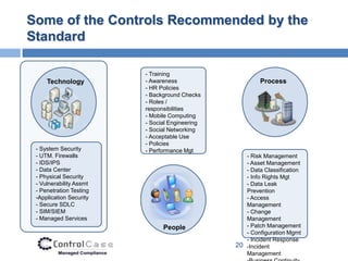 Some of the Controls Recommended by the
Standard

                         - Training
     Technology          - Awareness...