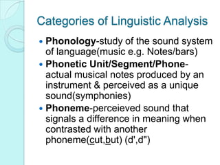 Categories of Linguistic AnalysisPhonology-study of the sound system of language(music e.g. Notes/bars)Phonetic Unit/Segment/Phone-actual musical notes produced by an instrument & perceived as a unique sound(symphonies)Phoneme-perceieved sound that signals a difference in meaning when contrasted with another phoneme(cut,but) (d',d")