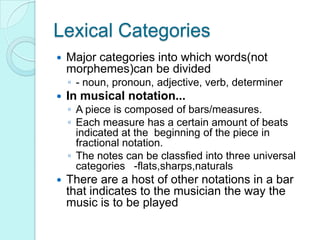 Lexical CategoriesMajor categories into which words(not morphemes)can be divided- noun, pronoun, adjective, verb, determinerIn musical notation...A piece is composed of bars/measures.Each measure has a certain amount of beats indicated at the  beginning of the piece in fractional notation.The notes can be classfied into three universal categories   -flats,sharps,naturalsThere are a host of other notations in a bar that indicates to the musician the way the music is to be played