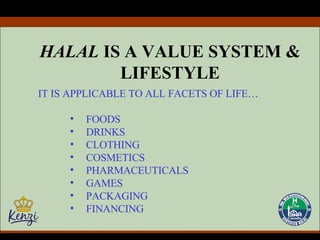 HALAL  IS A VALUE SYSTEM & LIFESTYLE IT IS APPLICABLE TO ALL FACETS OF LIFE… FOODS DRINKS CLOTHING COSMETICS PHARMACEUTICALS GAMES PACKAGING FINANCING 