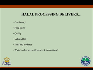 HALAL PROCESSING DELIVERS…   Consistency Food safety Quality Value added Trust and credence Wider market access (domestic & international) 