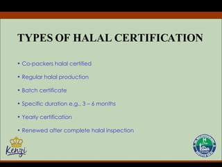 TYPES OF HALAL CERTIFICATION Co-packers halal certified Regular halal production Batch certificate Specific duration e.g., 3 – 6 months Yearly certification Renewed after complete halal inspection 