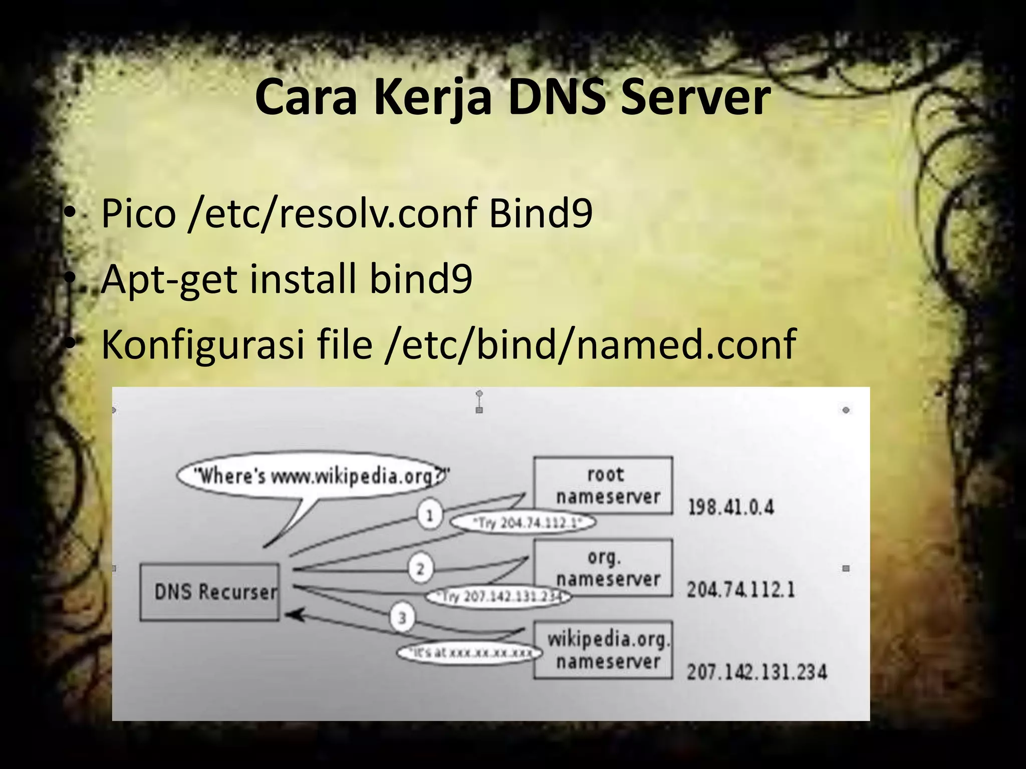 Cara Kerja DNS Server
• Pico /etc/resolv.conf Bind9
• Apt-get install bind9
• Konfigurasi file /etc/bind/named.conf
 
