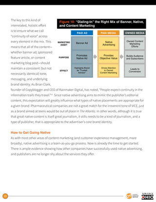 15
The key to this kind of
interrelated, holistic effort
is to ensure what we call
“continuity of voice” across
every element in the mix. This
means that all of the content—
whether banner ad, sponsored
feature article, or content
marketing blog post—should
maintain a consistent (but not
necessarily identical) tone,
messaging, and underlying
brand identity. As Brian Clark,
founder of Copyblogger and CEO of Rainmaker Digital, has noted, “People expect continuity in the
information trails they travel.”14
Since native advertising aims to mimic the publisher’s editorial
content, this expectation will greatly influence what types of native placements are appropriate for
a given brand. Pharmaceutical companies are not a great match for the irreverent tone of VICE, just
as a brand aimed at teens would be out of place in The Atlantic. In other words, although it is true
that great native content is itself great journalism, it stills needs to be a kind of journalism, and a
type of publisher, that is appropriate to the advertiser’s core brand identity.
How to Get Going Native
As with most other areas of content marketing (and customer experience management, more
broadly), native advertising is a learn-as-you-go process. Now is already the time to get started.
There is ample evidence showing how other companies have successfully used native advertising,
and publishers are no longer shy about the services they offer.
Figure 10: “Dialing-In” the Right Mix of Banner, Native,
and Content Marketing
PAID AD PAID MEDIA OWNED MEDIA
MARKETING
ASSET
PURPOSE
EFFECT
Banner Ad Native
Advertising
Provides
Objective Value
Promotes
Native Ad
Drives Attention
to Owned
Content Marketing
Highlights Brand
as “Trusted
Advisor”
Owned Content
Marketing
Efforts
Builds Audience
and Subscribers
Leads to
Conversion
 