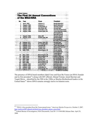 The presence of ISNA board members Iqbal Unus and Ilyas Ba Yunus (an ISNA founder
and its first president91
) along with IIIT officials Ahmad Totonji, Jamal Barzinji and
Yaqub Mirza – identified by the FBI in the 1980s as Muslim Brotherhood leaders in the
United States92
shows ISNA remains strongly tied to its Islamist roots.
91
“ISNA’s first president Ilyas Ba-Yunus passed away,” American Muslim Perspective, October 5, 2007.
http://archives2007.ghazali.net/html/isna_president_passes_away.html
92
Federal Bureau of Investigation, FOIA Documents, Case ID: 1111944-000, Release Date: April 29,
2008.
 