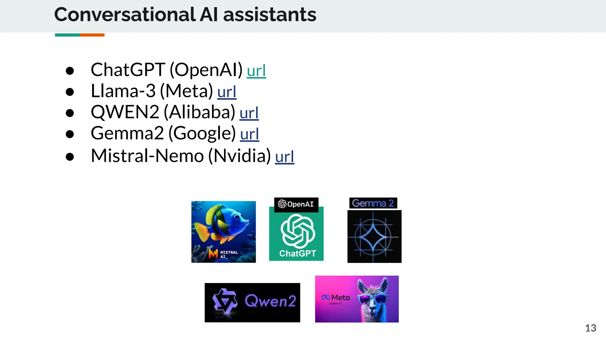 Conversational AI assistants
● ChatGPT (OpenAI) url
● Llama-3 (Meta) url
● QWEN2 (Alibaba) url
● Gemma2 (Google) url
● Mistral-Nemo (Nvidia) url
13
 