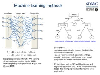 Machine learning methods 
Input Layer Hidden Layer Output Layer 
Back-propagation algorithms for ANN training 
- Scaled conjugate gradient (Moller 1993) 
-Levenberg-Marquardt optimization (Hagan and 
Menhaj, 1994) 
(http://iasri.res.in/ebook/win_school_aa/notes/Decision_tree.pdf) 
Decision trees 
- are easy to assimilate by humans thanks to their 
intuitive representation 
- do not require too much parameter settings 
- can be constructed fairly fast and its accuracy is 
comparable to other classification models. 
DT algorithms such as C4.5 and Classification and 
Regression Technique (CART) have been identified as 
top 10 data mining algorithms in terms of its wider 
applicability. 
 