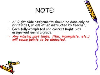 NOTE:
• All Right Side assignments should be done only on
right sides, unless other instructed by teacher.
• Each fully-completed and correct Right Side
assignment earns a grade.
• Any missing part (date, title, incomplete, etc.)
will cause points to be deducted.
 