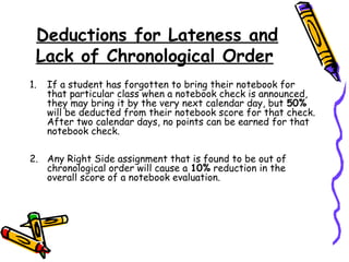 Deductions for Lateness and
Lack of Chronological Order
1. If a student has forgotten to bring their notebook for
that particular class when a notebook check is announced,
they may bring it by the very next calendar day, but 50%
will be deducted from their notebook score for that check.
After two calendar days, no points can be earned for that
notebook check.
2. Any Right Side assignment that is found to be out of
chronological order will cause a 10% reduction in the
overall score of a notebook evaluation.
 