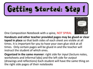 One Composition Notebook with a spine, NOT SPIRAL
Handouts and other teacher provided pages may be glued or clear
taped in place so that both sides of each sheet are visible at all
times. It is important for you to have your own glue stick at all
times. Only certain pages will be glued in and the teacher will
instruct the student of which ones.
Organized in the same manner: right side for input (lecture notes,
worksheets and informal labs) and the left side for output
(drawings and reflections) Each student will have the same thing on
the right side pages of their notebooks
 