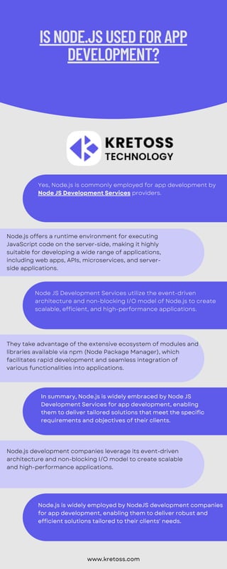 Yes, Node.js is commonly employed for app development by
Node JS Development Services providers.
Node.js offers a runtime environment for executing
JavaScript code on the server-side, making it highly
suitable for developing a wide range of applications,
including web apps, APIs, microservices, and server-
side applications.
Node JS Development Services utilize the event-driven
architecture and non-blocking I/O model of Node.js to create
scalable, efficient, and high-performance applications.
They take advantage of the extensive ecosystem of modules and
libraries available via npm (Node Package Manager), which
facilitates rapid development and seamless integration of
various functionalities into applications.
Node.js development companies leverage its event-driven
architecture and non-blocking I/O model to create scalable
and high-performance applications.
ISNODE.JSUSEDFORAPP
DEVELOPMENT?
www.kretoss.com
In summary, Node.js is widely embraced by Node JS
Development Services for app development, enabling
them to deliver tailored solutions that meet the specific
requirements and objectives of their clients.
Node.js is widely employed by NodeJS development companies
for app development, enabling them to deliver robust and
efficient solutions tailored to their clients' needs.
 