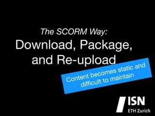 The SCORM Way:




Download, Package,
and Re-upload ic and 

stat
mes
eco
ent b
intain
ma
ont
C
ult to
iﬃc
d

 