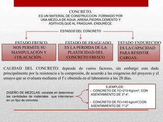 CONCRETO.
ES UN MATERIAL DE CONSTRUCCION ,FORMADO POR
UNA MEZCLA DE AGUA ,ARENA,PIEDRA,CEMENTO Y
ADITIVOS,QUE AL FRAGUAR, ENDURECE.
ESTADOS DEL CONCRETO
ESTADO FRESCO
NOS PERMITE SU
MANIPULACIÓN Y
COLACACIÓN .
ESTADO DE FRAGUADO
ES LA PERDIDA DE LA
PLASTICIDAD DEL
CONCRETO FRESCO
ESTADO ENDURECIDO
ES LA CAPACIDAD
PARA RESISTIR
CARGAS.
CALIDAD DEL CONCRETO: depende de varios factores, sin embargo esta dado
principalmente por la resistencia a la compresión, de acuerdo a las exigencias del proyecto y el
ensayo que se evaluara mediante el f`c obtenida en el laboratorio a los 28 días.
DISEÑO DE MEZCLAS: consiste en determinar
las cantidades de materiales que intervienen
en un tipo de concreto.
EJEMPLOS:
- CONCRETO DE f‘C=210 Kg/cm², CON
ASENTAMIENTO DE 3"-4“.
- CONCRETO DE f'C=140 kg/cm²,CON
ASENTAMIENTO DE 1"-2"
 