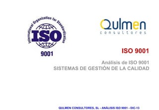 ISO 9001
Análisis de ISO 9001
SISTEMAS DE GESTIÓN DE LA CALIDAD
Curso
ISO 02
QULMEN CONSULTORES, SL - ANÁLISIS ISO 9001 - DIC-13
 