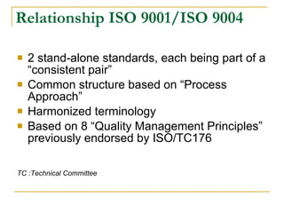 Relationship ISO 9001/ISO 9004 2 stand-alone standards, each being part of a “consistent pair” Common structure based on “Process Approach” Harmonized terminology Based on 8 “Quality Management Principles” previously endorsed by ISO/TC176 TC :Technical Committee 
