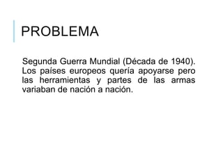 PROBLEMA
Segunda Guerra Mundial (Década de 1940).
Los países europeos quería apoyarse pero
las herramientas y partes de las armas
variaban de nación a nación.
 