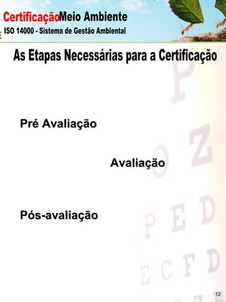 Certificação Meio Ambiente  ISO 14000 - Sistema de Gestão Ambiental As Etapas Necessárias para a Certificação  Pré Avaliação Avaliação Pós-avaliação 12 