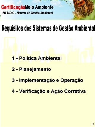 Certificação Meio Ambiente  ISO 14000 - Sistema de Gestão Ambiental Requisitos dos Sistemas de Gestão Ambiental  1 - Política Ambiental  2 - Planejamento 3 - Implementação e Operação 4 - Verificação e Ação Corretiva 15 