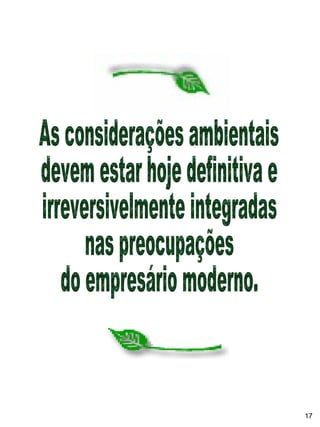 As considerações ambientais devem estar hoje definitiva e irreversivelmente integradas  nas preocupações  do empresário moderno.  17 