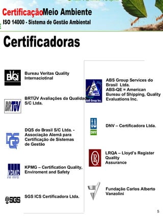 Certificação Meio Ambiente  ISO 14000 - Sistema de Gestão Ambiental Certificadoras Fundação Carlos Alberto Vanzolini   LRQA – Lloyd’s Register Quality Assurance   DNV – Certificadora Ltda.   ABS Group Services do Brasil  Ltda.   ABS-QE = American Bureau of Shipping, Quality Evaluations Inc.   SGS ICS Certificadora Ltda. KPMG – Certification Quality,  Enviroment and Safety DQS do Brasil S/C Ltda.  -  Associação Alemã para  C ertificação de Sistemas de Gestão BRTÜV Avaliações da Qualidade  S/C Ltda. Bureau Veritas Quality  Internaciotinal  5 