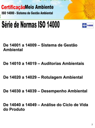 Certificação Meio Ambiente  ISO 14000 - Sistema de Gestão Ambiental Série de Normas ISO 14000 De 14001 a 14009 – Sistema de Gestão Ambiental De 14010 a 14019 – Auditorias Ambientais De 14020 a 14029 – Rotulagem Ambiental De 14030 a 14039 – Desempenho Ambiental De 14040 a 14049 – Análise do Ciclo de Vida do Produto 7 