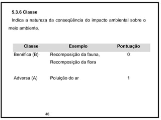 46
5.3.6 Classe
Indica a natureza da conseqüência do impacto ambiental sobre o
meio ambiente.
Classe Exemplo Pontuação
Benéfica (B) Recomposição da fauna,
Recomposição da flora
0
Adversa (A) Poluição do ar 1
 