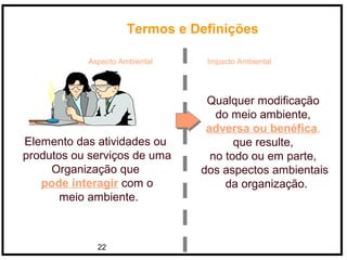 22
Aspecto Ambiental Impacto Ambiental
Termos e Definições
Elemento das atividades ou
produtos ou serviços de uma
Organização que
pode interagir com o
meio ambiente.
Qualquer modificação
do meio ambiente,
adversa ou benéfica,
que resulte,
no todo ou em parte,
dos aspectos ambientais
da organização.
 