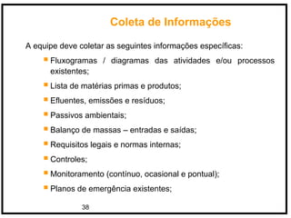 38
A equipe deve coletar as seguintes informações específicas:
Fluxogramas / diagramas das atividades e/ou processos
existentes;
Lista de matérias primas e produtos;
Efluentes, emissões e resíduos;
Passivos ambientais;
Balanço de massas – entradas e saídas;
Requisitos legais e normas internas;
Controles;
Monitoramento (contínuo, ocasional e pontual);
Planos de emergência existentes;
Coleta de Informações
 
