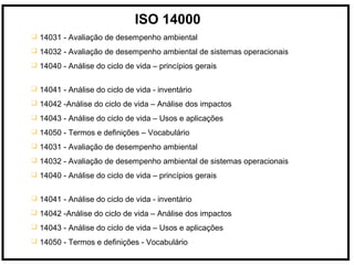 ISO 14000
 14031 - Avaliação de desempenho ambiental
 14032 - Avaliação de desempenho ambiental de sistemas operacionais
 14040 - Análise do ciclo de vida – princípios gerais
 14041 - Análise do ciclo de vida - inventário
 14042 -Análise do ciclo de vida – Análise dos impactos
 14043 - Análise do ciclo de vida – Usos e aplicações
 14050 - Termos e definições – Vocabulário
 14031 - Avaliação de desempenho ambiental
 14032 - Avaliação de desempenho ambiental de sistemas operacionais
 14040 - Análise do ciclo de vida – princípios gerais
 14041 - Análise do ciclo de vida - inventário
 14042 -Análise do ciclo de vida – Análise dos impactos
 14043 - Análise do ciclo de vida – Usos e aplicações
 14050 - Termos e definições - Vocabulário
 