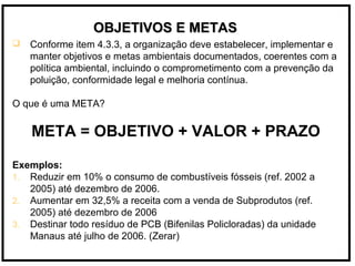  Conforme item 4.3.3, a organização deve estabelecer, implementar e
manter objetivos e metas ambientais documentados, coerentes com a
política ambiental, incluindo o comprometimento com a prevenção da
poluição, conformidade legal e melhoria contínua.
O que é uma META?
META = OBJETIVO + VALOR + PRAZO
Exemplos:
1. Reduzir em 10% o consumo de combustíveis fósseis (ref. 2002 a
2005) até dezembro de 2006.
2. Aumentar em 32,5% a receita com a venda de Subprodutos (ref.
2005) até dezembro de 2006
3. Destinar todo resíduo de PCB (Bifenilas Policloradas) da unidade
Manaus até julho de 2006. (Zerar)
OBJETIVOS E METASOBJETIVOS E METAS
 