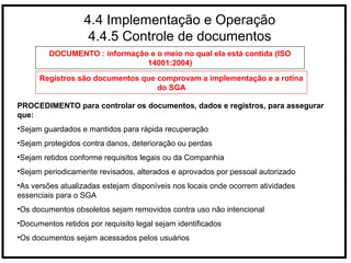 4.4 Implementação e Operação
4.4.5 Controle de documentos
Registros são documentos que comprovam a implementação e a rotina
do SGA
DOCUMENTO : informação e o meio no qual ela está contida (ISO
14001:2004)
PROCEDIMENTO para controlar os documentos, dados e registros, para assegurar
que:
•Sejam guardados e mantidos para rápida recuperação
•Sejam protegidos contra danos, deterioração ou perdas
•Sejam retidos conforme requisitos legais ou da Companhia
•Sejam periodicamente revisados, alterados e aprovados por pessoal autorizado
•As versões atualizadas estejam disponíveis nos locais onde ocorrem atividades
essenciais para o SGA
•Os documentos obsoletos sejam removidos contra uso não intencional
•Documentos retidos por requisito legal sejam identificados
•Os documentos sejam acessados pelos usuários
 