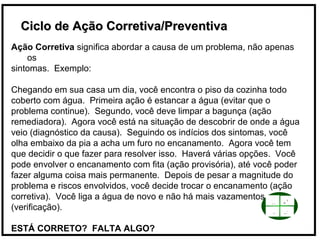 Ciclo de Ação Corretiva/PreventivaCiclo de Ação Corretiva/Preventiva
Ação Corretiva significa abordar a causa de um problema, não apenas
os
sintomas. Exemplo:
Chegando em sua casa um dia, você encontra o piso da cozinha todo
coberto com água. Primeira ação é estancar a água (evitar que o
problema continue). Segundo, você deve limpar a bagunça (ação
remediadora). Agora você está na situação de descobrir de onde a água
veio (diagnóstico da causa). Seguindo os indícios dos sintomas, você
olha embaixo da pia a acha um furo no encanamento. Agora você tem
que decidir o que fazer para resolver isso. Haverá várias opções. Você
pode envolver o encanamento com fita (ação provisória), até você poder
fazer alguma coisa mais permanente. Depois de pesar a magnitude do
problema e riscos envolvidos, você decide trocar o encanamento (ação
corretiva). Você liga a água de novo e não há mais vazamentos
(verificação).
ESTÁ CORRETO? FALTA ALGO?
 