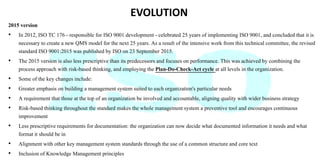 EVOLUTION
2015 version
• In 2012, ISO TC 176 - responsible for ISO 9001 development - celebrated 25 years of implementing ...