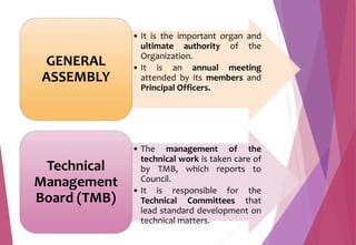 • It is the important organ and
ultimate authority of the
Organization.
• It is an annual meeting
attended by its members and
Principal Officers.
GENERAL
ASSEMBLY
• The management of the
technical work is taken care of
by TMB, which reports to
Council.
• It is responsible for the
Technical Committees that
lead standard development on
technical matters.
Technical
Management
Board (TMB)
 