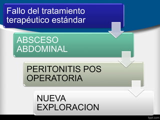 Fallo del tratamiento
terapéutico estándar
ABSCESO
ABDOMINAL
PERITONITIS POS
OPERATORIA
NUEVA
EXPLORACION
 