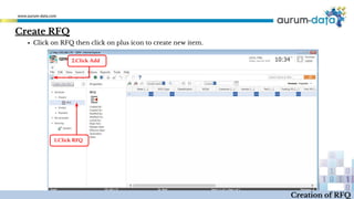 Create RFQ
1.Click RFQ
2.Click Add
Creation of RFQ
▪ Click on RFQ then click on plus icon to create new item.
 