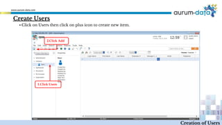Create Users
1.Click Users
2.Click Add
Creation of Users
▪ Click on Users then click on plus icon to create new item.
 