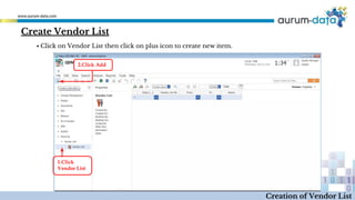 Create Vendor List
1.Click
Vendor List
2.Click Add
Creation of Vendor List
▪ Click on Vendor List then click on plus icon to create new item.
 