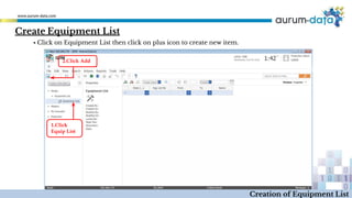 Create Equipment List
1.Click
Equip List
2.Click Add
Creation of Equipment List
▪ Click on Equipment List then click on plus icon to create new item.
 