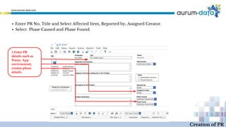 Creation of PR
▪ Enter PR No, Title and Select Affected Item, Reported by, Assigned Creator.
▪ Select Phase Caused and Phase Found.
1.Enter PR
details such as
Name, App
environment,
creator phase
details
 