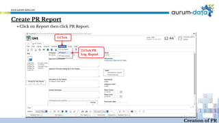 Create PR Report
1.Click
2.Click PR
Log Report
Creation of PR
▪ Click on Report then click PR Report.
 