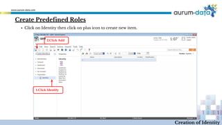 1.Click Identity
2.Click Add
Create Predefined Roles
Creation of Identity
▪ Click on Identity then click on plus icon to create new item.
 