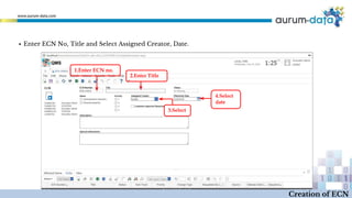 ▪ Enter ECN No, Title and Select Assigned Creator, Date.
1.Enter ECN no.
2.Enter Title
4.Select
date
3.Select
Creation of ECN
 