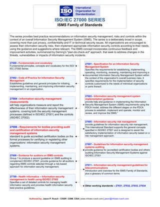 ISO:IEC 27000 SERIES
ISMS Family of Standards
27000 - Fundamentals and vocabulary
Fundamental principles, concepts and vocabulary for the ISO/
IEC 27000 Series
Authored by; Jason P. Rusch - CISSP, CISM, CISA | www.infosec-rusch.com | jason@infosec-rusch.com
The series provides best practice recommendations on information security management, risks and controls within the
context of an overall Information Security Management System (ISMS). The series is a deliberately broad in scope,
covering more than just privacy, confidentiality and IT or technical security issues. All organizations are encouraged to
assess their information security risks, then implement appropriate information security controls according to their needs,
using the guidance and suggestions where relevant. The ISMS concept incorporates continuous feedback and
improvement activities, summarized by Deming's "plan-do-check-act" approach, that seek to address changes in the
threats, vulnerabilities or impacts of information security incidents.
27001 - Specification for an Information Security
Management System
Specifies the requirements for establishing, implementing,
operating, monitoring, reviewing, maintaining and improving a
documented Information Security Management System within
the context of the organization's overall business risks. It
specifies requirements for the implementation of security
controls customized to the needs of individual organizations
or parts thereof.
27002 - Code of Practice for Information Security
Management
Establishes guidelines and general principles for initiating,
implementing, maintaining, and improving information security
management in an organization.
27003 - Information security management system
implementation guidance
provide help and guidance in implementing the Information
Security Management System (ISMS) requirements using the
PDCA model, address the different stages on the PDCA
process to establish, implement and operate, monitor and
review, and improve the ISMS.”
27005 - Information security risk management
provide guidelines for information security risk management.
This International Standard supports the general concepts
specified in ISO/IEC 27001 and is designed to assist the
satisfactory implementation of information security based on a
risk management approach.
27007 - Guidelines for Information security management
systems auditing
provide guidance for accredited certification bodies and others
auditing Information Security Management Systems against
ISO/IEC 27001
27004 - Information security management
measurements
will help organizations measure and report the
effectiveness of their information security management
systems, covering both the security management
processes (defined in ISO/IEC 27001) and the controls
(ISO/IEC 27002).
27006 - Requirements for bodies providing audit
and certification of information security
management systems
standard to guide accredited certification bodies on the
formal processes for certifying or registering other
organizations’ information security management
systems.
27008 - Guidance for auditors on ISMS controls
Group 1 to produce a second guideline on ISMS auditing to
complement ISO/IEC 27007. provide guidance for all auditors
regarding ISMS controls selected through a risk-based
approach for information security management.
27011 - Information security management guidelines for
telecommunications
Introduction and overview for the ISMS Family of Standards,
plus a glossary of common terms
27799 - Health informatics -- Information security
management in health using ISO/IEC 27002
Specifies a set of detailed controls for managing health
information security and provides health information security
best practice guidelines.
Other working standards – 27031, 27032, 27033, 27034
 