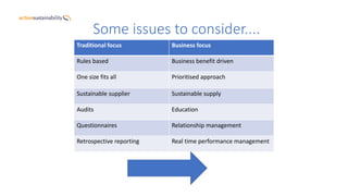 Traditional focus Business focus
Rules based Business benefit driven
One size fits all Prioritised approach
Sustainable supplier Sustainable supply
Audits Education
Questionnaires Relationship management
Retrospective reporting Real time performance management
Some issues to consider....
 