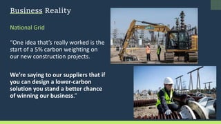 Business Reality
National Grid
“One idea that’s really worked is the
start of a 5% carbon weighting on
our new construction projects.
We’re saying to our suppliers that if
you can design a lower-carbon
solution you stand a better chance
of winning our business.”
 