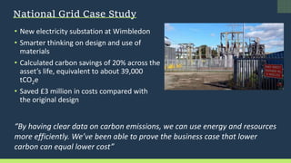 • New electricity substation at Wimbledon
• Smarter thinking on design and use of
materials
• Calculated carbon savings of 20% across the
asset’s life, equivalent to about 39,000
tCO2e
• Saved £3 million in costs compared with
the original design
“By having clear data on carbon emissions, we can use energy and resources
more efficiently. We’ve been able to prove the business case that lower
carbon can equal lower cost”
National Grid Case Study
 