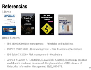 25
Referencias
Otras fuentes
‣ ISO 31000:2009 Risk management -- Principles and guidelines
‣ ISO/IEC 31010:2009 - Risk Management - Risk Assessment Techniques
‣ ISO Guide 73:2009 - Risk management - Vocabulary
‣ Ahmad, N., Amer, N. T., Qutaifan, F., & Alhilali, A. (2013). Technology adoption
model and a road map to successful implementation of ITIL. Journal of
Enterprise Information Management, 26(5), 553-576.
Libros
 
