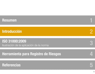 4
Resumen
Introducción
Herramienta para Registro de Riesgos
ISO 31000:2009
Ilustración de la aplicación de la norma
1
2
3
4
Referencias 5
 